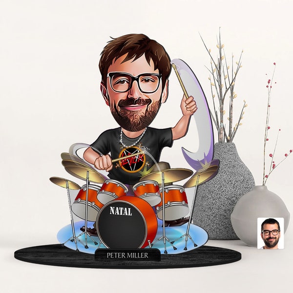 Personalized 3D Wooden Cartooned Drummer Figurine Trinket, Custom Cartoon Timpanist Portrait, Birthday Gift, Christmas Gift, Gift for Him