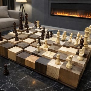 Puede incluir: Un juego de ajedrez de madera &uacute;nico con un dise&ntilde;o de tablero escalonado. Las piezas del ajedrez son de color marr&oacute;n oscuro y tonos de madera clara. El tablero est&aacute; hecho de varios bloques de madera, creando un efecto 3D. El juego se exhibe sobre una mesa redonda de m&aacute;rmol negro.