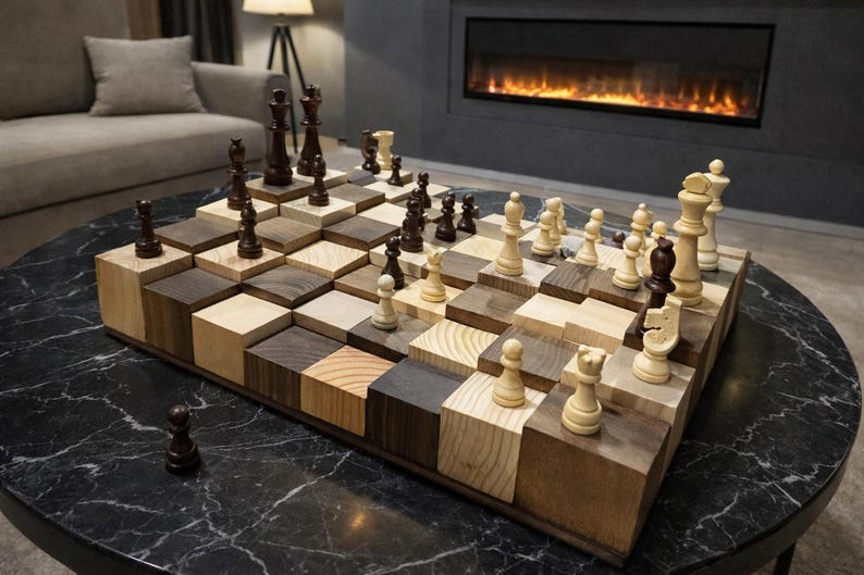 Puede incluir: Un juego de ajedrez de madera &uacute;nico con un dise&ntilde;o de tablero escalonado. Las piezas del ajedrez son de color marr&oacute;n oscuro y tonos de madera clara. El tablero est&aacute; hecho de varios bloques de madera, creando un efecto 3D. El juego se exhibe sobre una mesa redonda de m&aacute;rmol negro.