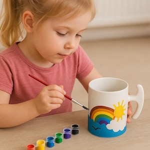 May include: A white ceramic mug with a rainbow, sun, and cloud design. A child is painting the mug with a paintbrush and colorful paints. The mug has a unique handle and is sitting on a wooden surface.