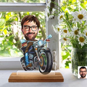 Personalizowany 3D Drewniany Stojak Karykaturowany Bibelot, Niestandardowy Portret Motocyklisty, Prezent dla Niego, Prezent dla Rodziny, Prezent Na Boże Narodzenie