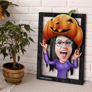 Aanpasbare 3D houten cartooned Halloween pompoenmeisje schilderij, aangepaste cartoon portret, cadeau voor Halloween, Happy Halloween, cadeau voor haar