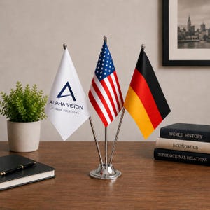 May include: A silver metal desk stand featuring three miniature flags: a white flag with the blue Alpha Vision Global Solutions logo, the United States flag with stars and stripes, and the black, red, and gold horizontal tricolor German flag.
