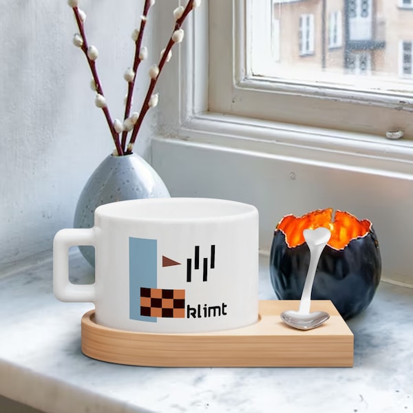 Ensemble de tasses à café et à thé personnalisé artistique Klimt Design avec soucoupe en bois, ensemble de tasse à café et cuillère personnalisées, cadeau d'anniversaire