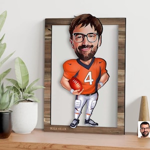 Arte murale personalizzata in 3D con giocatore di football americano in cartone animato in legno, ritratto di cartone animato personalizzato, regalo di Natale, regalo per lui