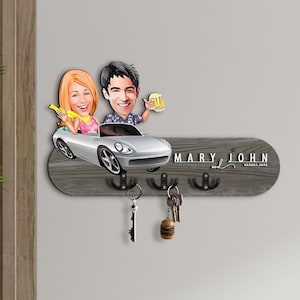 Gepersonaliseerde 3D houten halorganizer met cartoon, houten sleutelhouder, housewarmingcadeau, aangepaste karikatuur, cadeau voor stel, woondecoratie