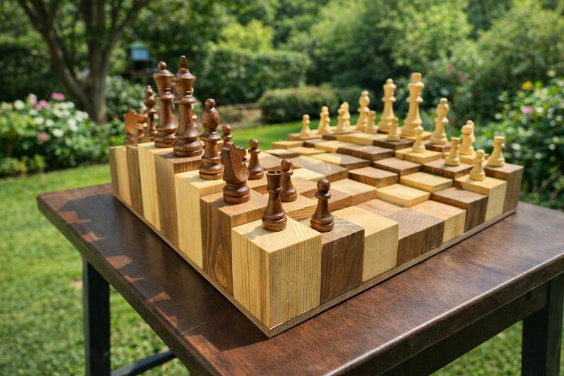 Puede incluir: Un juego de ajedrez de madera &uacute;nico con un dise&ntilde;o de tablero escalonado. Las piezas de ajedrez son de dos colores, marr&oacute;n oscuro y marr&oacute;n claro. El tablero est&aacute; hecho de bloques de madera claros y oscuros alternados, creando un efecto 3D.