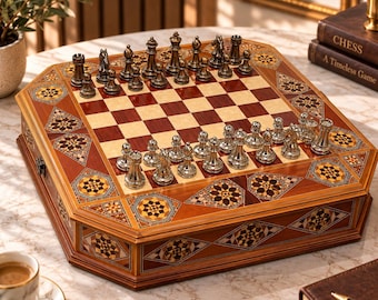 Handmade Octagonal Walnut Rosewood Chess Set, Metal Pieces (46cm)