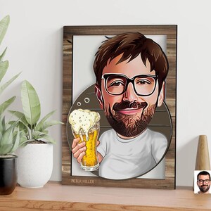 Spersonalizowana 3D drewniana kreskówka pijąca piwo sztuka ścienna, niestandardowy portret z kreskówki, drewniana dekoracja domu, prezent urodzinowy, prezent świąteczny, dekoracja ścienna