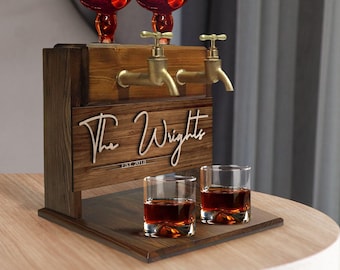 Personalized Embossed Family Name Wooden Double Faucet Whiskey Dispenser, Home Bar, Bar Decor, Wine, Vodka, Alcoholic Drink Fountain