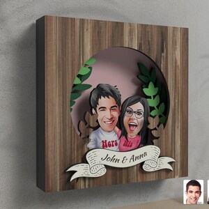 Op maat gemaakte handgemaakte 7 lagen lasergesneden 3D houten schaduwdoos - paar cartoon 3D houten cadeau - houten kunst