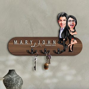 Gepersonaliseerde 3D houten halorganizer met cartoon, houten sleutelhouder, housewarmingcadeau, aangepaste karikatuur, cadeau voor stel, woondecoratie
