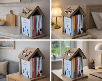 Personalized Wooden Book Holder – House Shaped Bookshelf Decor – Gift for Book Lovers – Handmade Desk Organizer
