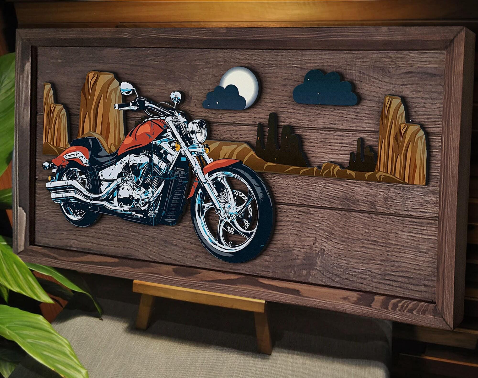 Handmade 3D Oak Tree Motorcycle Wood Painting, Custom Wood