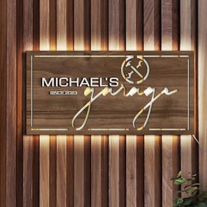 Personalized LED Light Wooden Garage Sign, Custom Embossed Wood Sign, Home Decor, Man Cave Sign, Workshop Sign, Christmas Gift, Light Sign