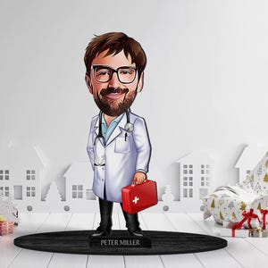 Spersonalizowana figurka 3D z drewna z kreskówkowym doktorem, spersonalizowany portret lekarza z kreskówek, prezent dla rodziny, prezent świąteczny, prezent dla niego