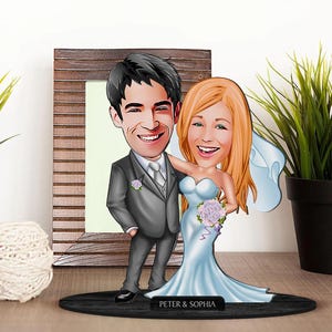 Spersonalizowana 3D drewniana figurka ślubna z kreskówek, spersonalizowany portret Just Married z kreskówek, prezent na rocznicę, prezent świąteczny