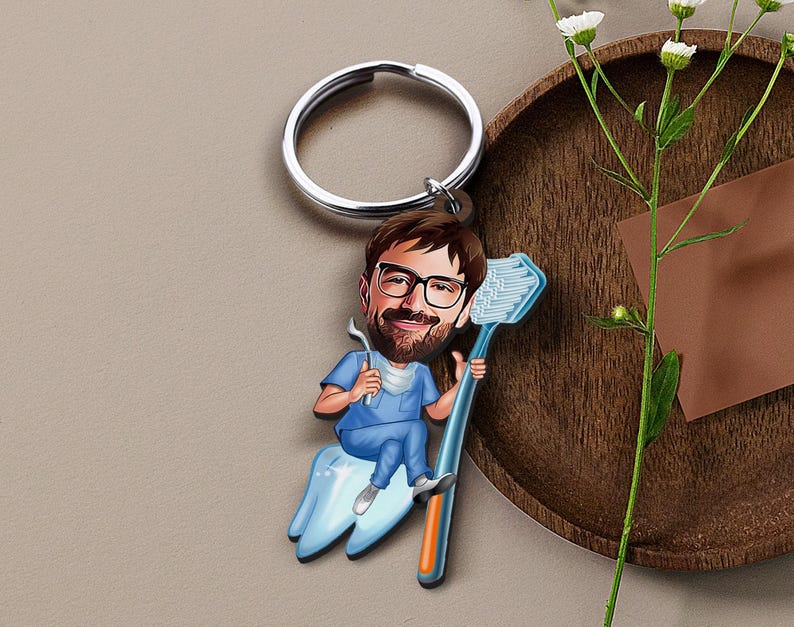 Keychain with Personalized Dentist Caricature, Gift for Him, Custom Cosbaby Key Chain, Boyfriend Gift, Cartoon Portrait, Bobblehead image 3