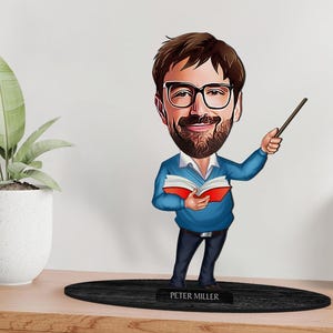 Gepersonaliseerde 3D houten tekenfilm leraar beeldje trinket, aangepaste cartoon leraar portret, familiecadeau, kerstcadeau, cadeau voor hem