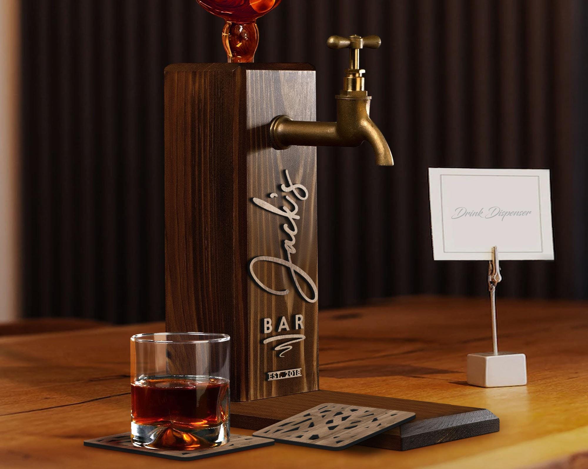 Personalized Embossed Named Wooden Whiskey Dispenser and Wood Coasters Set, Bar, Pub, Wine, Vodka, Liquor Dispenser, Wood Whiskey Fountain