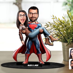 Personalisierte 3D Holz Cartooned Super Hero Paar Figur Schmuckstück, Benutzerdefinierte Cartoon Portrait, Geburtstagsgeschenk, Weihnachten, Jubiläumsgeschenk
