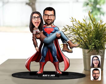 Personalized 3D Wooden Cartooned Super Hero Couple Figurine Trinket, Custom Cartoon Portrait, Birthday Gift, Christmas, Anniversary Gift