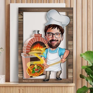 Spersonalizowana 3D drewniana kreskówka piekarz pizzy sztuka ścienna, niestandardowy portret z kreskówki, drewniana dekoracja domu, prezent urodzinowy, prezent świąteczny, dekoracja ścienna