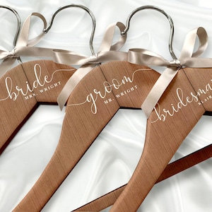 Personalized Natural Wood Wedding Hanger, White Engraved Wedding Hanger, Gridesmaid Hanger, Wedding Dress Hanger, Bride Hanger, Groom Hanger