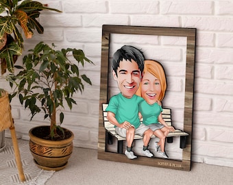 Amant caricaturé en bois 3D personnalisé, Art mural de couple, Portrait de dessin animé personnalisé, décoration d'intérieur en bois, cadeau d'anniversaire, cadeau de Noël, décoration murale