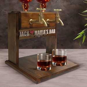 Personalized Embossed Named Wooden Double Faucet Whiskey Dispenser, Bar, Home Bar, Pub and Pub Shed, Wine, Vodka, Liquor Dispenser, Fountain