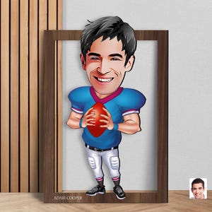 Arte murale personalizzata in 3D con cartone animato di football americano in legno, regalo di Natale, ritratto di cartone animato di football personalizzato, regalo di compleanno, regalo per lui