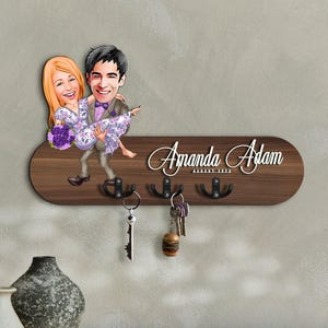 Gepersonaliseerde 3D houten halorganizer met cartoon, houten sleutelhouder, housewarmingcadeau, aangepaste karikatuur, cadeau voor stel, woondecoratie