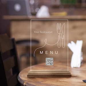 Letrero de menú con código QR hecho a medida, letrero de restaurante de madera natural y acrílico personalizado, letrero con código QR para cafetería, bar, decoración de mesa y escritorio con código QR