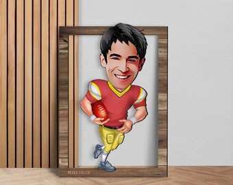 Personalized 3D Wooden Cartooned Football Player Wall Art, Custom Cartoon Portrait, Home Decor, Birthday Gift, Christmas Gift, Wall Decor