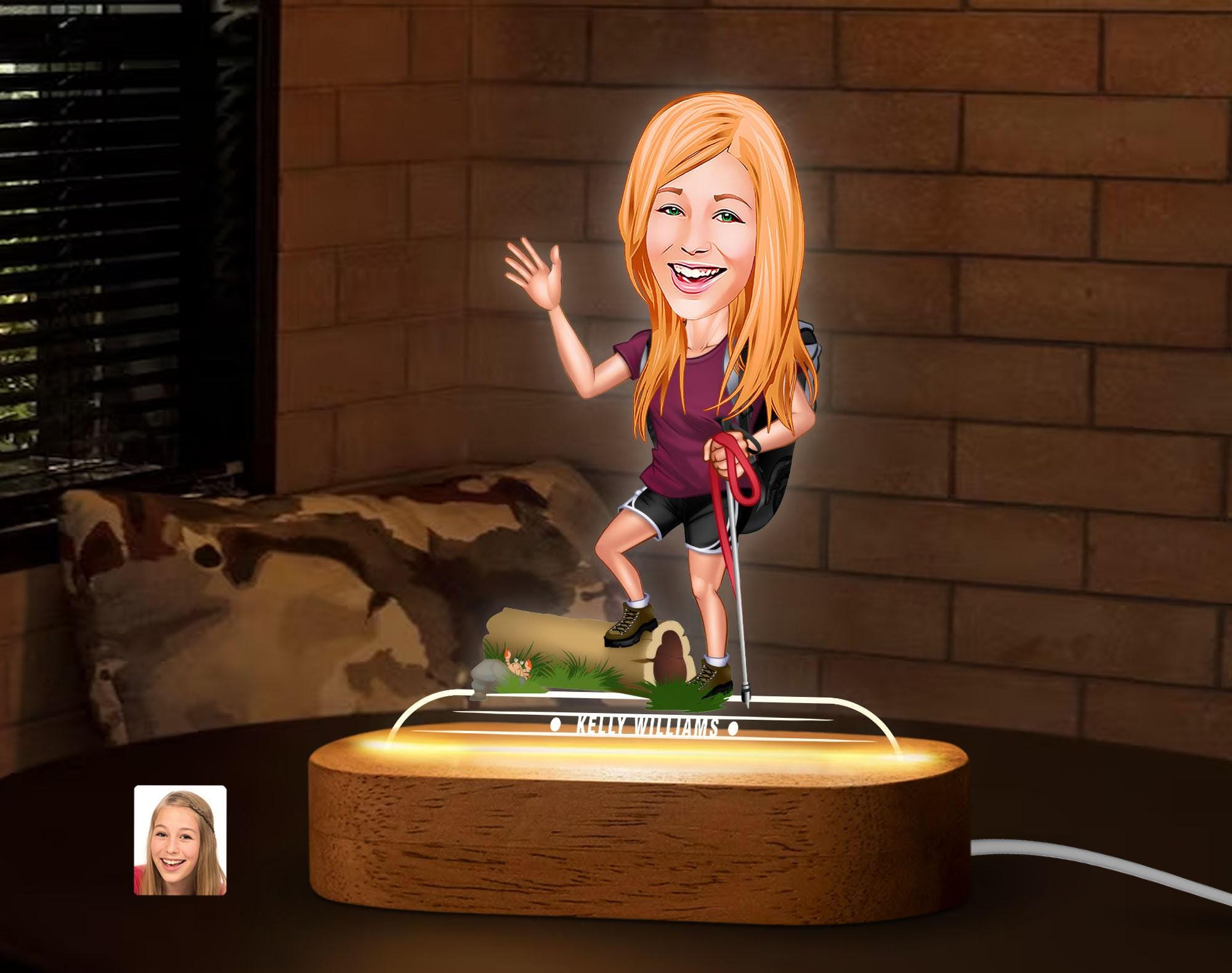 Personalized LED Light Cartoon Trekking Trinket with Natural Wooden Stand, Anniversary Gift, Custom Caricature Portrait LED Night Light