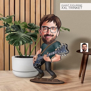 Spersonalizowana 3D drewniana figurka gitarzysty z kreskówki, duża figurka, spersonalizowany portret karykatury, prezent na walentynki, ręcznie robiony wystrój domu