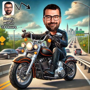 Classic Chopper Rider Portrait, Personalized Biker Caricature, Custom Motorcycle Drawing, Funny Biker Gift, Digital Art for Motor Lovers