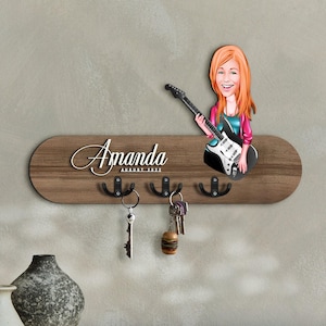 Gepersonaliseerde 3D-organizer houten hal met cartoon gitarist, houten sleutelhouder, housewarmingcadeau, aangepaste karikatuur, kerstcadeau