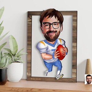 Spersonalizowana 3D drewniana kreskówka amerykański piłkarz ścienny, spersonalizowany portret piłkarza, prezent świąteczny, prezent dla niego