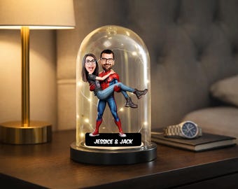 Custom Superhero Couple Caricature Glass Dome LED Night Light Gift