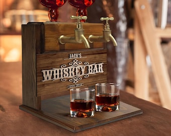 Personalized Embossed Named Wooden Double Faucet Whiskey Dispenser, Home Bar, Bar Decor, Wine, Vodka, Alcoholic Drink Fountain, Gift for Him
