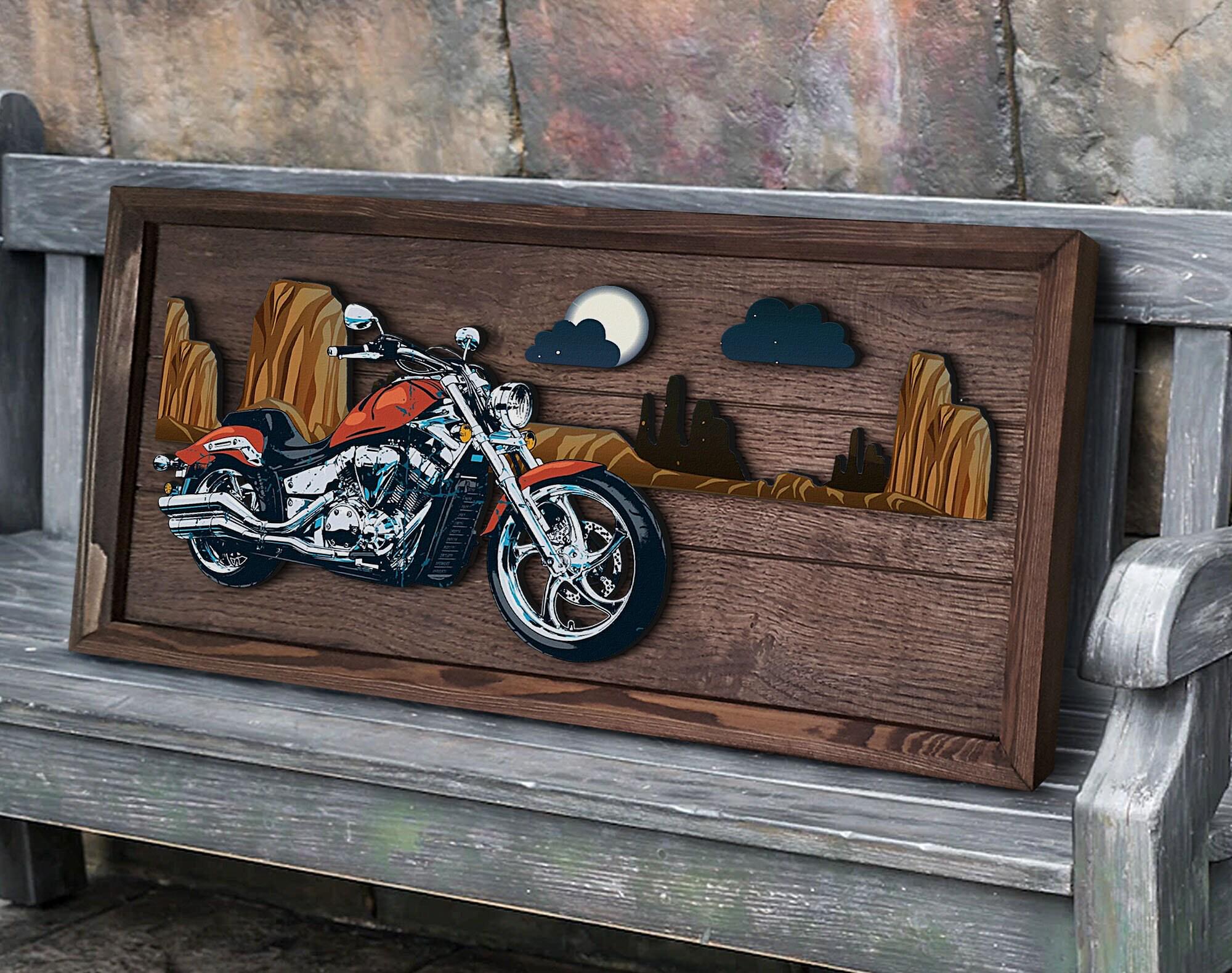 Handmade 3D Oak Tree Motorcycle Wood Painting, Custom Wood