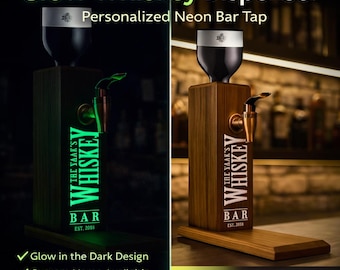 Personalized Glow in the Dark Whiskey Dispenser – Custom Neon Bar Tap Stand – Wooden Liquor Dispenser – Home Bar Gift for Dad