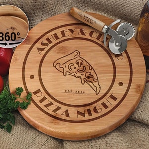 Pizza Board with Name Bamboo Wooden Turntable, Pizza Cutting Board Set, Delicatessen Board, Serving Tray, Wooden Plate, Housewarming Gift