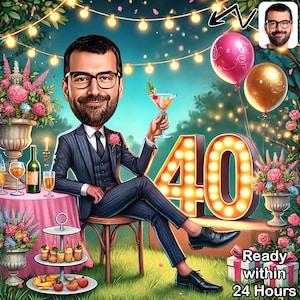 Personalisiertes 40. Mann Cartoon Portrait, 40. Geburtstag Karikatur, Geburtstag Cartoon, individuelles Geburtstagsgeschenk, lustiges Geschenk, digitales Geburtstagsauto