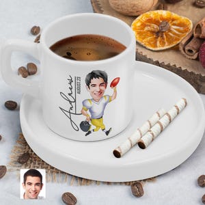 Personalized Espresso Cup with American Football Cartoon Drawing, Christmas Gift, Custom Caricature Turkish Coffee Cup, Coffee Lovers Gift