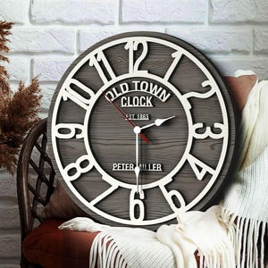 May include: A grey wooden clock with white Roman numeral markings and the text "Old Town Clock Est. 1868 Peter Miller".