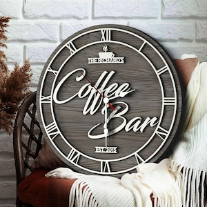 Personalized Coffee Bar Clock Sign, 3D Round Wooden Wall Clock, Custom Wood Sign, Home Bar Sign, Home Decor, Coffee Shop, Cafe Bar Decor