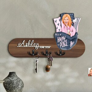 Gepersonaliseerde 3D hout cartoon portret organisator hal, aangepast karikatuurportret, houten sleutelhouder, houten muurhanger, cadeau voor haar
