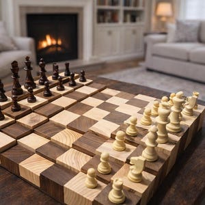 Puede incluir: Un juego de ajedrez de madera con cuadrados de madera marr&oacute;n oscuro y clara. Las piezas del ajedrez son de color marr&oacute;n oscuro y crema. El tablero est&aacute; sobre una mesa de madera marr&oacute;n oscuro. El fondo muestra una sala de estar con chimenea y muebles.